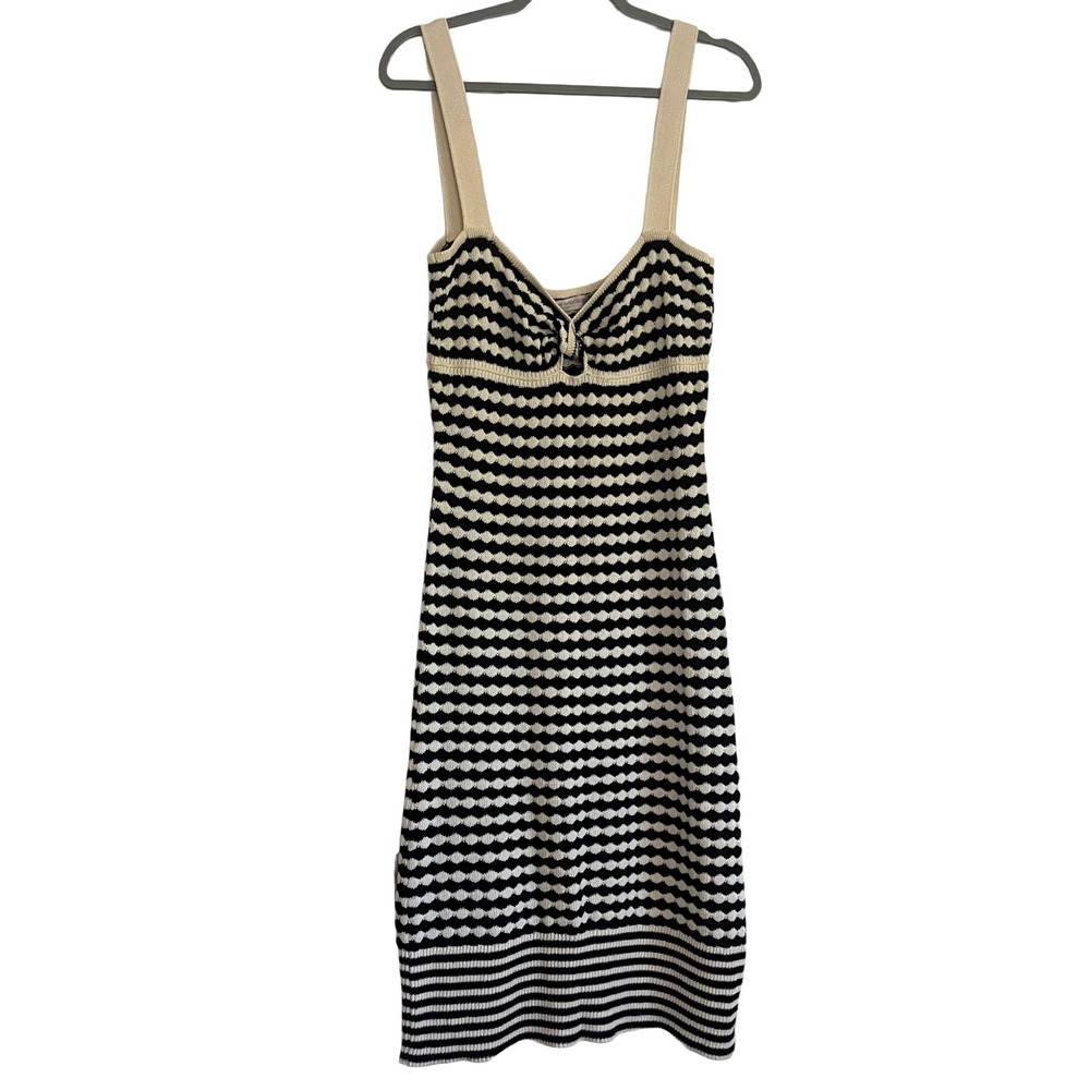 Ramy Brook Knit Dress Women L Black Cream New Scallop Midi Sweetheart Knot